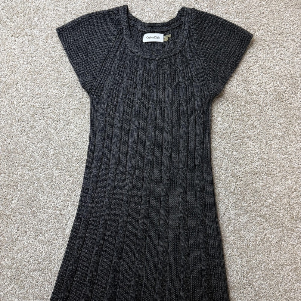 Calvin Klein Sweater Dress Womens XS Gray Merino Cable Knit Short Sleeve Midi